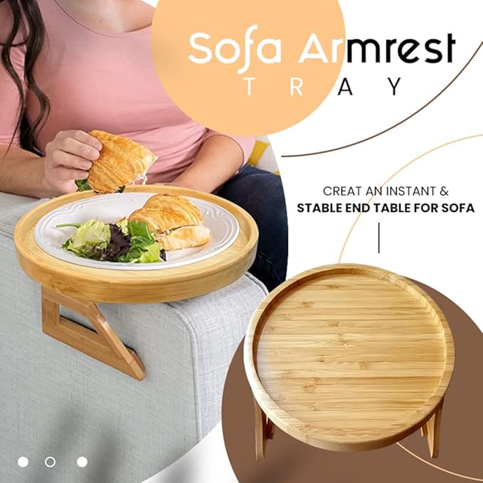 Clip On Tray Sofa Table, Bamboo Couch Arm Tray, Folding Sofa Armrest Tray Table for Drinks, Snacks, Phone & Remote – Portable Clip-On Side Table for Couch, Recliner & Armchair