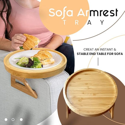 Clip On Tray Sofa Table, Bamboo Couch Arm Tray, Folding Sofa Armrest Tray Table for Drinks, Snacks, Phone & Remote – Portable Clip-On Side Table for Couch, Recliner & Armchair
