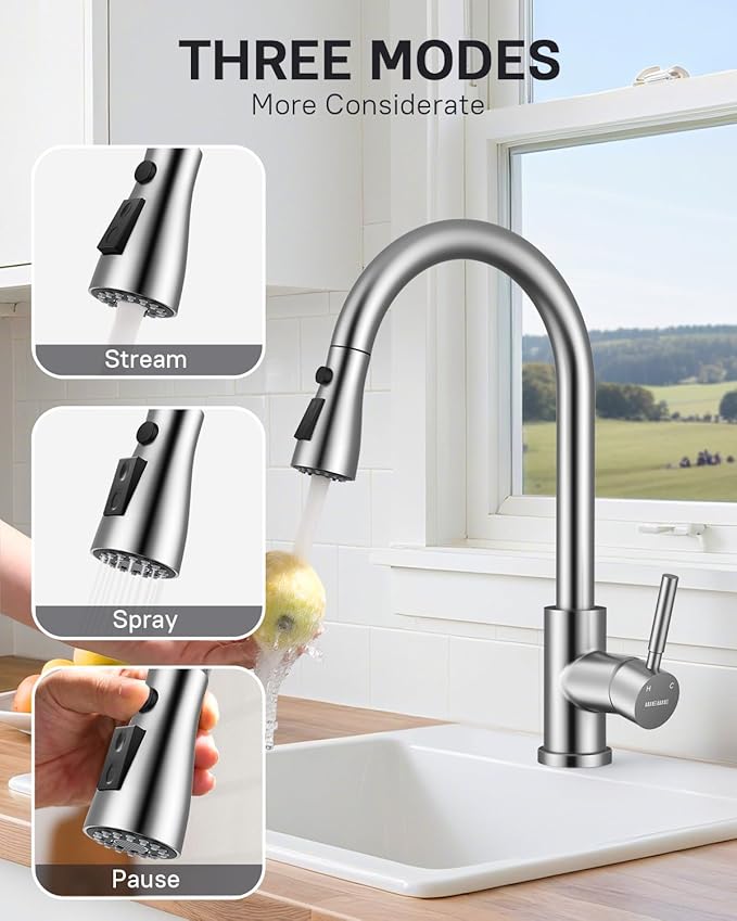 WEWE Kitchen Faucets with Pull Down Sprayer, Stainless Steel Single Handle 1 Hole for Family Kitchen Commercial Camper Laundry Rv Bar, Leak-Proof Brushed Nickel Bar Sink Faucet