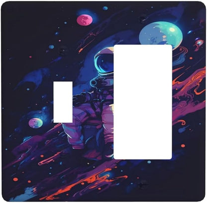 Purple Space Astronaut Planet Decorative Double Gang 1 Gang Wall Plate Cover Single Toggle Rocker Combination Light Switch Cover Plate Jumbo Switch Cover Plate for Bedroom Decor