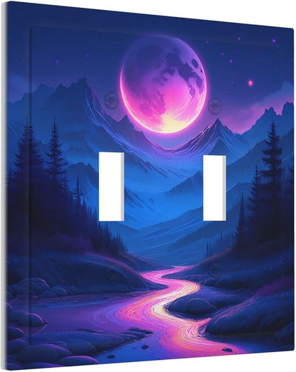 Purple Cyberpunk River Full Moon Mountain Forest Decorative Switch Plates 2 Gang Double Toggle Outlet Light Switch Cover Wall Plate Electrical Faceplate for Bedroom Bathroom Decor