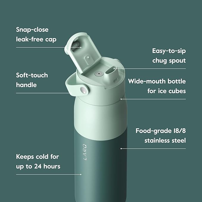 LARQ Bottle Swig Top 34oz - Insulated Stainless Steel Water Bottle With Built-In Silicone Handle | BPA Free | Reusable Water Bottle for Sports, Gym, and Travel, Eucalyptus Green