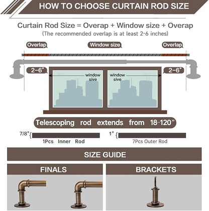 Industrial Curtain Rods 18 to 120 in,Blackout Curtain Rod,Adjustable Length,1 in Diameter Pipe,Wall or Ceiling Mounted,for Bedroom and Living Room (Antique Brass18” to 120”)