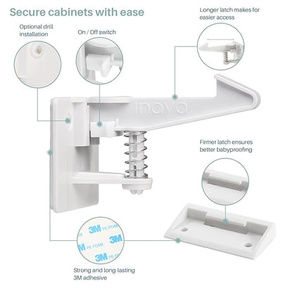 Inaya Cabinet Locks Child Safety Latches - Baby Proofing Cabinets & Drawers Locks - Child Proof Your Home - No Drilling & No Tools Required! (12 Pack - Extended Length Version)