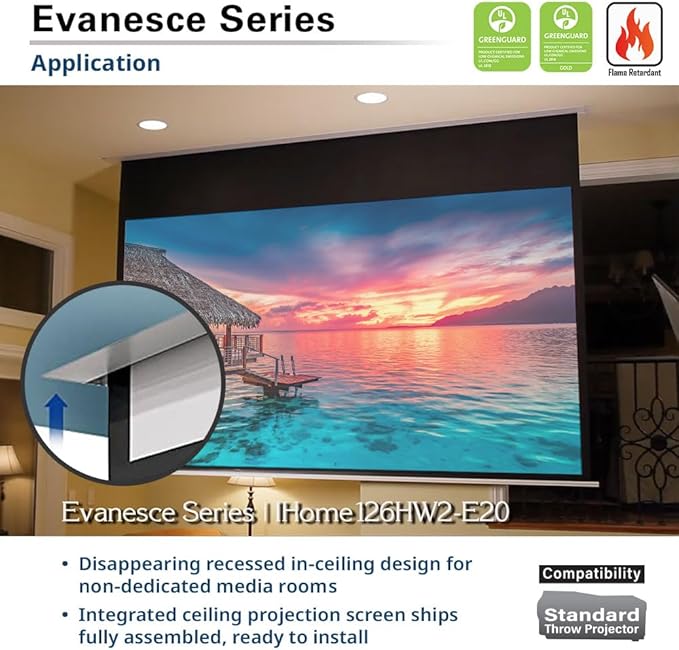 Elite Screens Evanesce 126" Diag.16:9, Recessed in-Ceiling Electric Motorized Projector Screen and Installation Kit, Matte White Fiberglass Reinforced Projection Surface, IHOME126HW3-E20