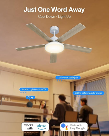 Lumary 52'' Smart Ceiling Fan with RGBAI Lights Remote, RGB & Stepless Color Temperature, Work with Alexa/Google/App, 46 Scenes, Modern Flush Mount Low Profile Ceiling Fan for Bedroom Kids Room, White