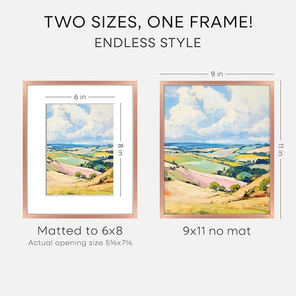 Homeforia 9x11 Rose Gold Frame, High End Metal 9 x 11 Picture Frames with Mat 6 by 8 inch Photo, 9by11 Poster Frame Matted to 6x8 Print, 11x9 Wall or Tabletop Frame, Tempered Glass, Wall Kit, Set of 1