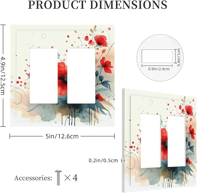 Vintage Floral Red Watercolor Modern Decorative Outlet Covers 2 Gang Double GFCI Rocker Light Switch Cover Plate Electrical Wall Panels for Bedroom Bathroom Decor