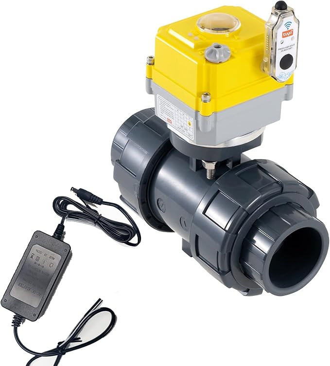 Smart electric valve 3/4 inch PVC joint ball valve Tuya APP smart wifi water shut-off valve DC24V AC110V-230V power adapter and power-off return setting. Timing water valve DN20MM
