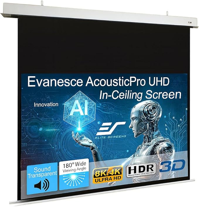 Elite Screens Evanesce 126" in-Ceiling Motorized Projector Screen 16:9, Acoustic Pro UHD, 8K HD Perforated Weave, Acoustically Transparent, Recessed Drop-Down for Standard Throw, IHOME126H3-E12-AUHD
