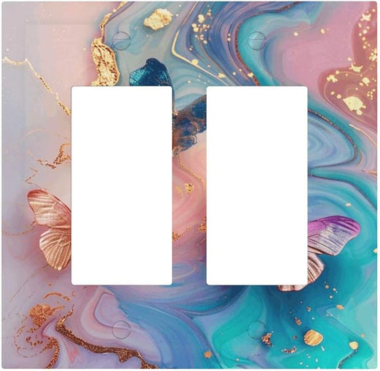 Colorful Marble Butterfly Gold Glitter Abstract Print Decorative Outlet Covers 2 Gang Double GFCI Rocker Electrical Wall Panels Light Switch Cover Plate for Bed Room Living Room Decor