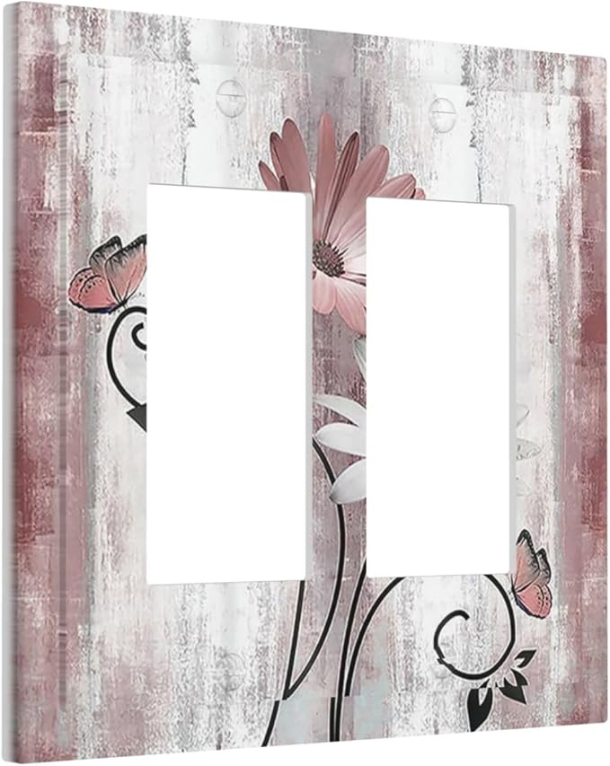 Decorative Outlet Covers Pink White Daisy Butterfly Wood Grain 2 Gang Double GFCI Rocker Electrical Wall Panels Light Switch Cover Plate for Farmhouse Bathroom Decor