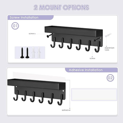 VIS'V Key Holder Wall Mount, Compact Adhesive Key Rack with Tray, 6 Hooks, 2 Mount Options, Black