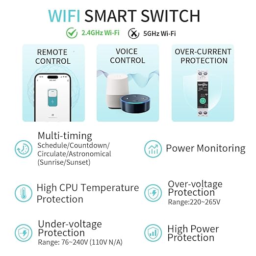 Smart Home DIN Rail WiFi Switch, 1P+N 1‑63A, Over-Current Protection, Tuya/Smart Life Remote Control, Voice Control via Alexa &Google Assistant, Energy Monitor, Timer Functions, FCC Certified