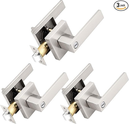 Probrico Interior Brushed Nickel Door Handle, Heavy Duty, Flat Square Privacy Door Handles, Keyless Door Levers Lockset for Bedroom and Bathroom (3 Pack, Modern)