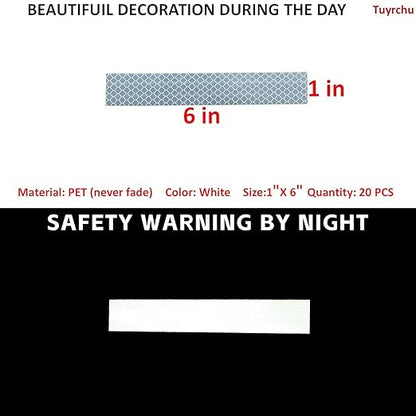Non Fading White Reflective Stickers 1 inch X 6 inch, Outdoor Waterproof High Visibility Warning Safety Adhesive Reflector Tape (20 Pcs)
