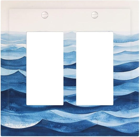 Decorative Outlet Covers Blue Watercolor Textured Abstract Ocean Wave 2 Gang Double Rocker Light Switch Cover Plate Electrical Switch Plate Cover Decorate GFCI Wall Plate for Bedroom living Room Decor