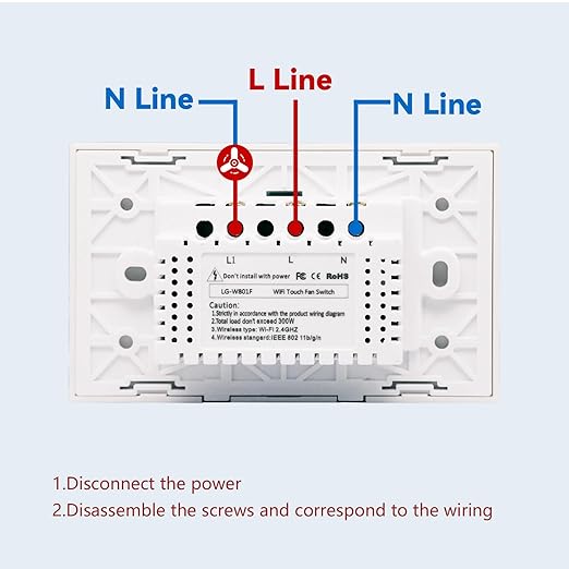Smart Fan Switch 118X72X34MM Need Neutral Wire, 2.4GHz WiFi,Tempered Glass Panel, Multi-Control Way Work with Alexa and Smart Life, White WiFi Fan