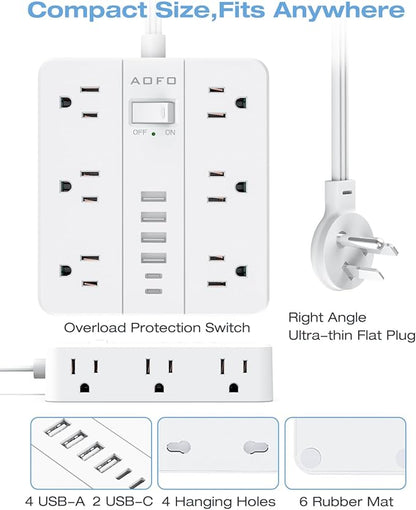 10FT Surge Protector Power Strip,12 AC Outlets with 6 USB Ports (2 USB-C), Flat Plug Extension Cord with Multiple Outlets, Wall Mount for Home Office,Dorm,White