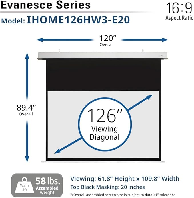 Elite Screens Evanesce 126" Diag.16:9, Recessed in-Ceiling Electric Motorized Projector Screen and Installation Kit, Matte White Fiberglass Reinforced Projection Surface, IHOME126HW3-E20