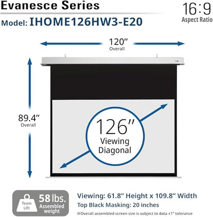Elite Screens Evanesce 126" Diag.16:9, Recessed in-Ceiling Electric Motorized Projector Screen and Installation Kit, Matte White Fiberglass Reinforced Projection Surface, IHOME126HW3-E20