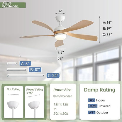 Sofucor 52 Inch Ceiling Fans with Lights and Remote, Outdoor Ceiling Fan with Light 6-Speed 3 CCT 3-Timer, Modern Low Profile Ceiling Fan 5 Blade Reversible DC Motor for Living Room Bedroom Patio