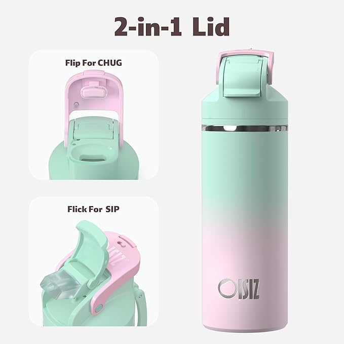 OISIZ Insulated Water Bottle 20 oz with 2 in 1 Spout and Straw Lid,One Click Safety Lock,100% Leakproof,Keep Cold 24H,Vacuum Stainless Steel Water Bottle for School,Travel and Sports,Dishwasher Safe