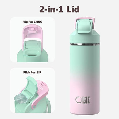 OISIZ Insulated Water Bottle 20 oz with 2 in 1 Spout and Straw Lid,One Click Safety Lock,100% Leakproof,Keep Cold 24H,Vacuum Stainless Steel Water Bottle for School,Travel and Sports,Dishwasher Safe