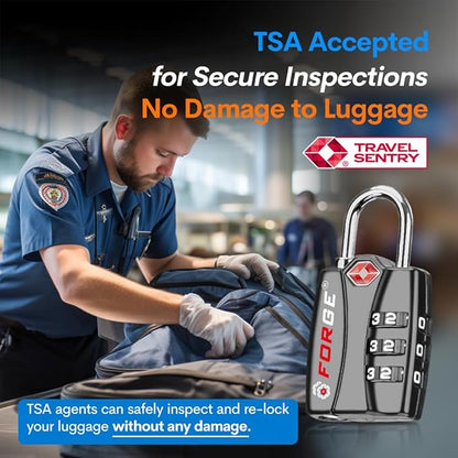 Forge Luggage Locks TSA Approved Black 1 Lock, Small Combination Lock with Zinc Alloy Body, Open Alert, Easy Read Dials, for Travel Suitcase, Bag, Backpack, Lockers.
