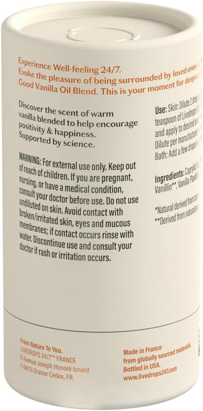 LIVEDROPS 24/7 Good Vanilla Essential Oil Blend, Natural Vegan Aromatherapy for Diffuser or Diluted Skin Use, Sweet Warm Creamy Scent, Made in France, Bottled in USA, Clinically Tested, 10ml