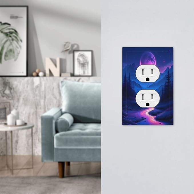 Purple Cyberpunk River Full Moon Mountain Forest Outlet Covers 1 Gang Duplex Light Switch Cover Wall Plate Decorative Switch Plates Electrical Receptacle Faceplate for Bedroom Bathroom Decor