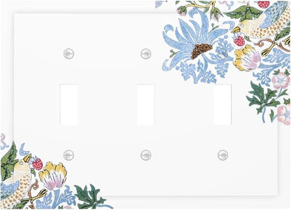 Decorative Light Switch Cover Plate Retro Morris Strawberry Rustic Plant Bird 3 Gang Wall Plate Oversized Triple Toggle Switch Cover Plate Jumbo Faceplate for Bedroom Decor