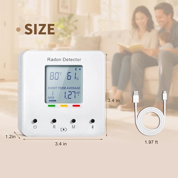 Bluetooth Radon Detector for Home, Portable Radon Tester with Real Time Gas Concentration, Temp & Humidity Monitoring, App Alerts, Detect Hidden Risks and Breathe with Confidence