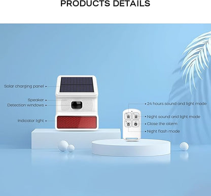 PGST Solar Alarm Motion Detector,Outdoor Security Siren Sensor with Flashing Light,IP65 Waterproof,Remote Control,21 Sound Switching Options,120dB Loud Noise Maker for Farm,Yard,Garden,Fish Pond