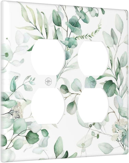 Boho Green Eucalyptus Leaf Floral Plants Flowers Outlet Covers 2 Gang Double Duplex Decorative Light Switch Covers Electrical Wallplates Socket Faceplate for Bed Room Living Room Decor