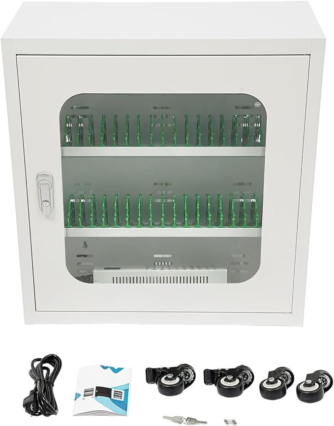 40-Slot Cell Phone Charging Station Cabinet with USB, 400W High-Power Portable Mobile Charging Locker with Wheels & Lockable Tempered Glass Door (White)