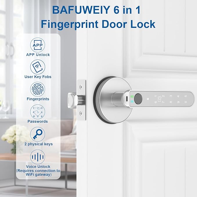 Fingerprint Door Lock, Fingerprint Door Knob Biometric Door Lock Smart Door Knob with App Control, Keyless Entry Door Lock with Handle for Home Office Apartment Bedroom Silver