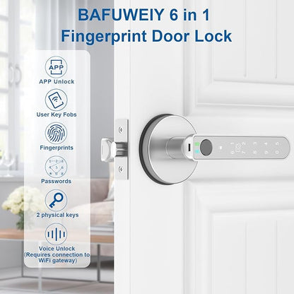 Fingerprint Door Lock, Fingerprint Door Knob Biometric Door Lock Smart Door Knob with App Control, Keyless Entry Door Lock with Handle for Home Office Apartment Bedroom Silver