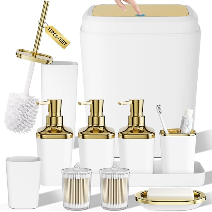 Bathroom Accessory Set, 11PC Bathroom Set, White Bathroom Accessories, Bathroom Accessories Set with Trash Can, 3PC Soap Dispensers and Toilet Brush