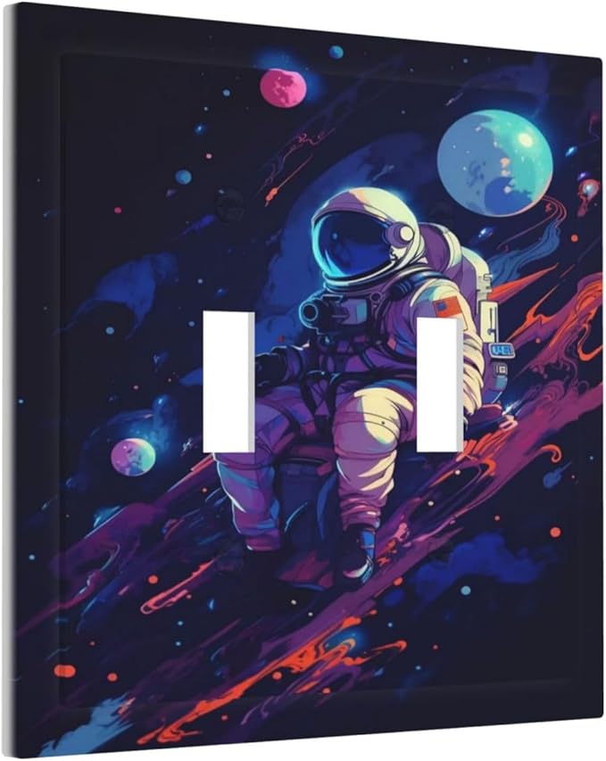 Decorative Light Switch Cover Purple Space Astronaut Planet 2 Gang Wall Plate Oversized Double Toggle Two Switch Wall Cover Dual Device Electrical Face Plate for Bedroom Home Decor