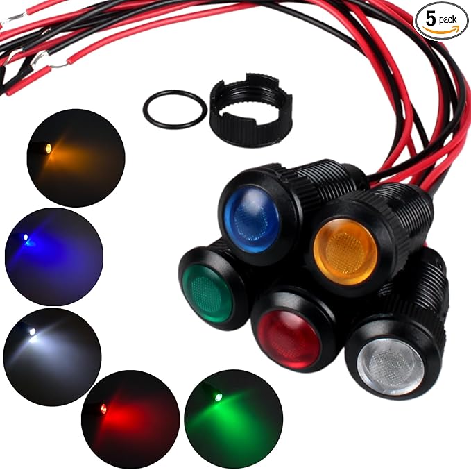 5pcs 12mm LED Indicator Light Plastic Black Signal Dot Lamp 110-220VAC 1/2 inches Mounting Hole Size with 15cm/5.9in. Wire (Mix:Red White Yellow Blue Green)