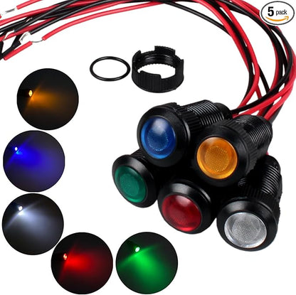 5pcs 12mm LED Indicator Light Plastic Black Signal Dot Lamp 110-220VAC 1/2 inches Mounting Hole Size with 15cm/5.9in. Wire (Mix:Red White Yellow Blue Green)