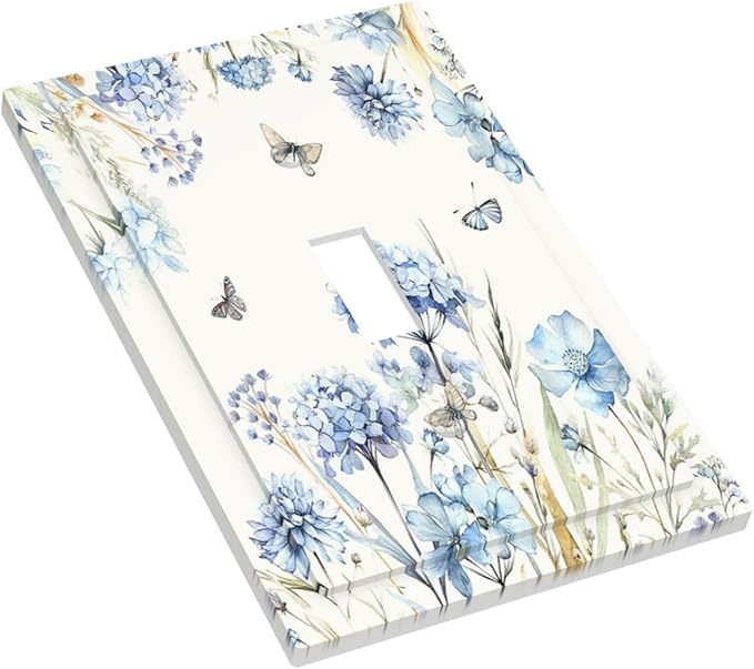 Decorative Light Switch Cover Blue Floral Hydrangea Plants 1 Gang Single Toggle Decorator Outlet Wall Plate Device Electrical Faceplate Switchplates for Bedroom Home Decor