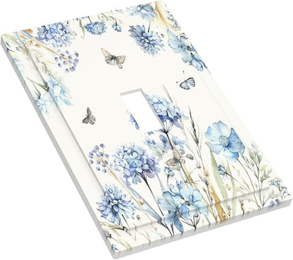 Decorative Light Switch Cover Blue Floral Hydrangea Plants 1 Gang Single Toggle Decorator Outlet Wall Plate Device Electrical Faceplate Switchplates for Bedroom Home Decor