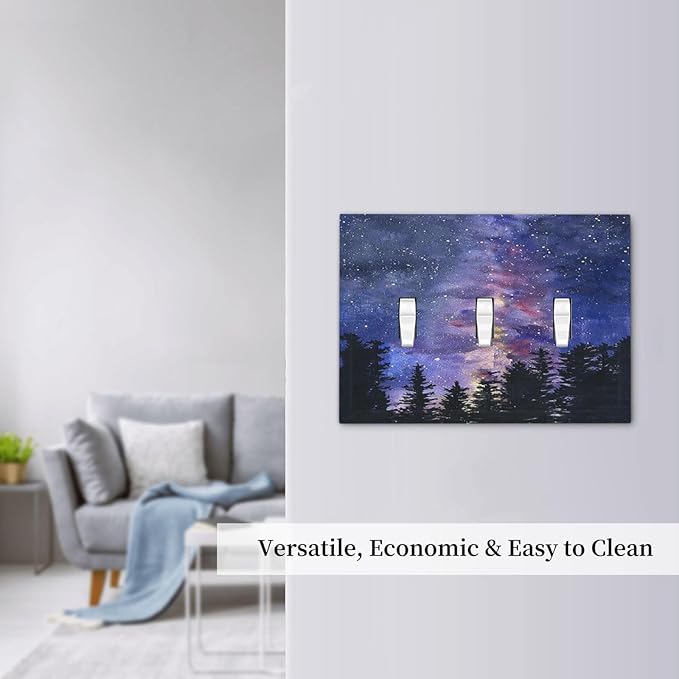 Decorative Switch Plates Dream Milky Way Starry Forest Pine Watercolor Painting 3 Gang Wall Plate Faceplate Triple Toggle Light Switch Cover Electrical Wall Panels for Bedroom Home Decor