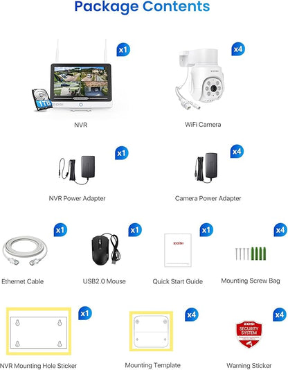 ZOSI 8CH 5MP Wi-Fi 6 Security Camera System with 12" LCD Monitor,4pcs 5mp Pan Tilt Plug-in WiFi Cameras Outdoor Indoor,AI Person Detection,Color Night Vision,2-Way Audio,1TB HDD for 24/7 Recording