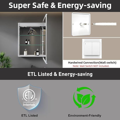 Medicine Cabinet with LED Lights and Mirror, 24 x 30 Inch Surface or Recessed Mounted Bathroom Cabinets with Door, Defogger, Memory Function, 3-Color Mode, Outlet&USB, Dimmer, Storage Shelf