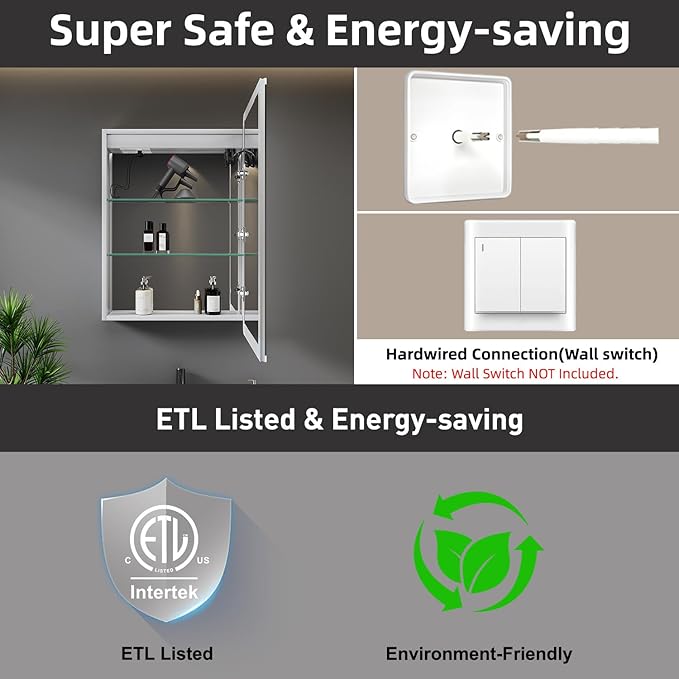 Medicine Cabinet with LED Lights and Mirror, 20 x 28 Inch Surface or Recessed Mounted Bathroom Cabinet with Door, Defogger, Memory Function, 3-Color Mode, Outlet&USB, Dimmer, Storage Shelf