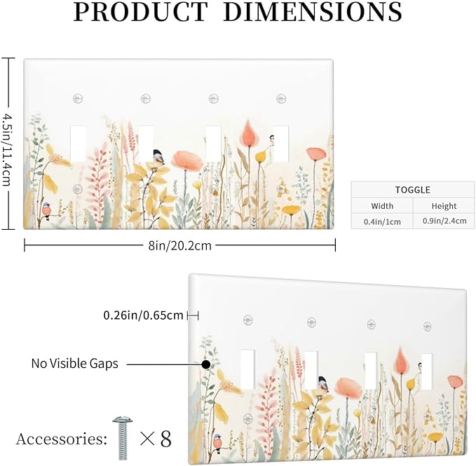 Light Switch Covers Colorful Floral Watercolour Cuddly Bird Quad Toggle Electrical Faceplate 4 Gang Wall Plate Decorative Switch Plates For Bed Room Living Room Decor