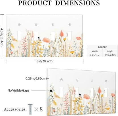 Light Switch Covers Colorful Floral Watercolour Cuddly Bird Quad Toggle Electrical Faceplate 4 Gang Wall Plate Decorative Switch Plates For Bed Room Living Room Decor